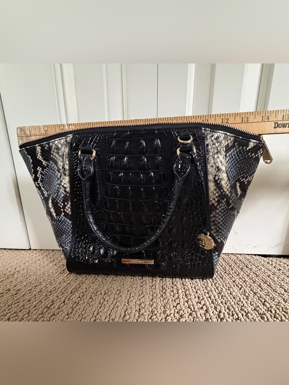 Brahmin Camila Tote Black Blue Carryall Leather Bag Purse Dust Bag Large Handbag - Picture 2 of 16